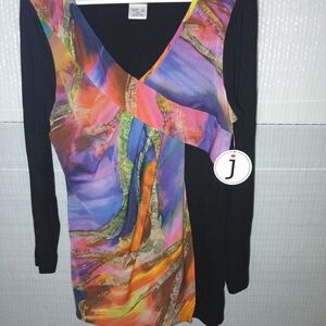J Brand Multicolor Abstract V-Neck Dress with Black Panels